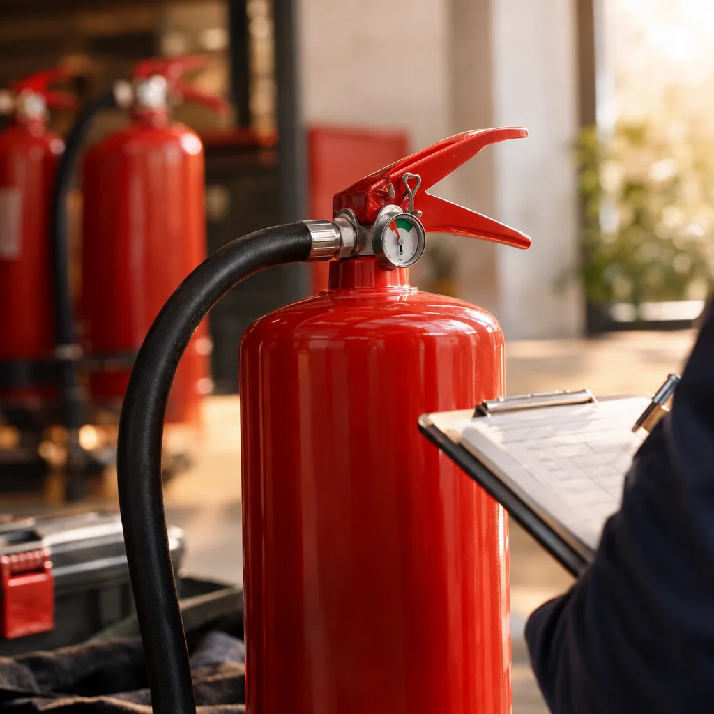 Technicien Extincteur66 - stopfeu contrôlant un extincteur dans un local professionnel du 66